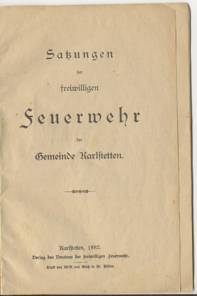 Titelseite der Satzungen der FF Karlstetten, 1882